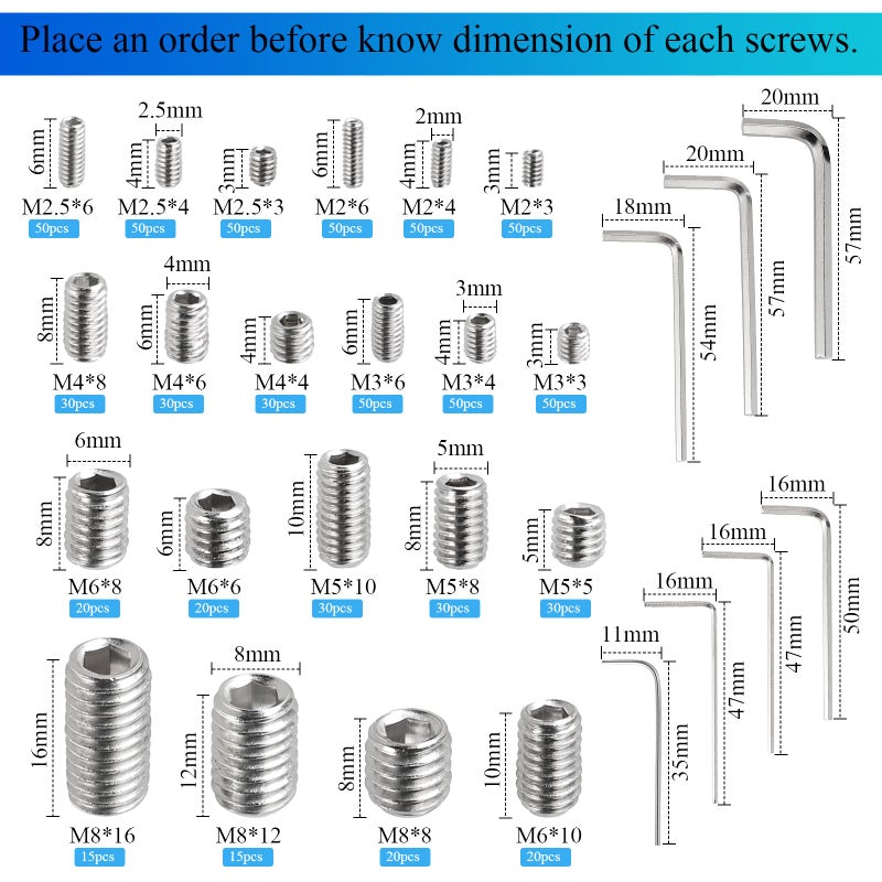 HanTof 747Pcs M2/M2.5/M3/M4/M5/M6/M8 Metric Hex Socket Head Cup Point Set Screws, Allen Head Grub Screws, Internal Hex Drive Headless Set Screws Assortment Kit with 7Pcs Hex Keys, 304 Stainless Steel - Image 4